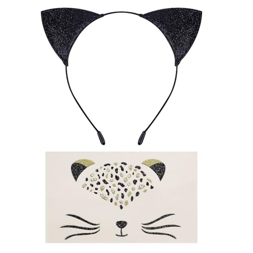 XNHIU Glitzernde Katzenohren, Haarreif und Katzengesicht, Edelsteine, Tattoo-Aufkleber, Katze, Tierohren, Haarreifen, Halloween-Kostüm, Zubehör für Cosplay, 2 Stück XNHIU Glitzernde Katzenohren, Haarreif und Katzengesicht, Edelsteine, Tattoo-Aufkleber, Katze, Tierohren, Haarreifen, Halloween-Kostüm, Zubehör für Cosplay, 2 Stück von XNHIU