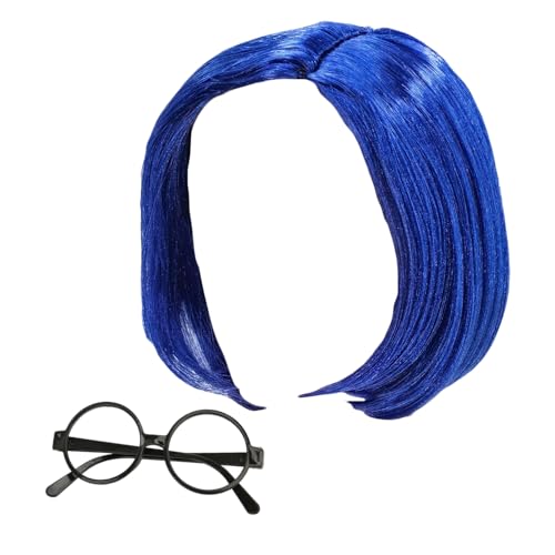 XNHIU Traurigkeitskostüm, kurze blaue Bob-Perücke, schwarze Brille, Halloween-Kostüm, Halloween, Cosplay, Party, Kostüm, Outfit für Damen, 2 Stück XNHIU Traurigkeitskostüm, kurze blaue Bob-Perücke, schwarze Brille, Halloween-Kostüm, Halloween, Cosplay, Party, Kostüm, Outfit für Damen, 2 Stück von XNHIU