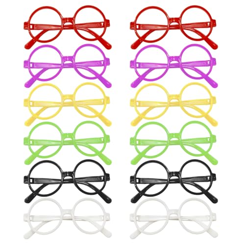 XNIVUIS 12 Stück Partybrille, Zauberer Brille Gläser mit Rundem Rahmen, Spielzeugbrille, Kind Kunststoff Rahmen Brillen, Rahmen Ohne Gläser, Lustige Brillen für Fasching & Karneval (Colored) von XNIVUIS