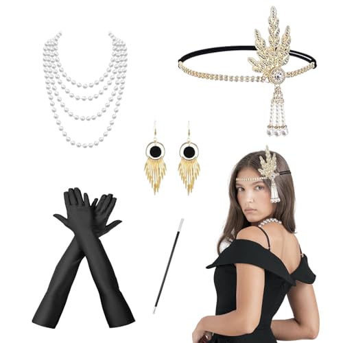 XNIVUIS 1920er Jahre Zubehör Set, 20er Jahre Accessoires Damen, 1920s Great Gatsby Accessoires Set für Damen, Flapper Stirnband Handschuhen Perlenkette Ohrringen für 20er Jahre Kleid Party von XNIVUIS