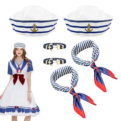 XNIVUIS 2 Sätze Nautische Matrosen Verkleidung,Matrosen Kostüm,Navy Sailor mit Mütze,Enthält 2 Matrosenhüte,2 Seidentücher,2 Anker Armbänder,für Männer Frauen Karneval Ostern Cosplay(6 Stück) von XNIVUIS