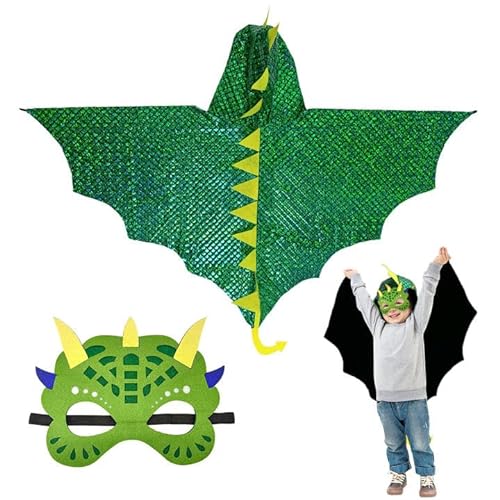 XNIVUIS 2 Stück Dinosaurier Kostüm Kinder, Dinosaurier Umhang Drachenumhang mit Dino Maske, Dino Kostüm Drachenkostüm Drachenflügel für Mädchen Jungen für Halloween, Karneval, Party (Green) von XNIVUIS