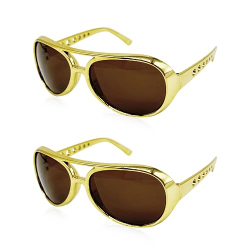 XNIVUIS 2 Stück Goldbrillen, Brille 70er Hustler Rapper Hiphop, Rock-Style-Brillen, Rockstar Style Gläser 50er Jahre Verkleidung Rockstar Brille, für Cosplay Fasching Karneval Thema Party (Gold) von XNIVUIS