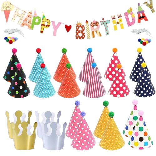 XNIVUIS 23 teiliges Geburtstagskegel Hüte Set, Party Kegelhüte Banner für Geburtstag, Weihnachtsfeier, Kinderparty, Halloween, Neujahrsparty, schöne Krone, für Kinder und Erwachsene (Gold) von XNIVUIS