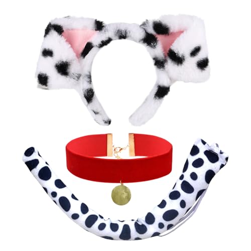XNIVUIS 3 Stück Hundekostüm für Kinder Erwachsene Dalmatiner Kostüm Hundeohren-Stirnband Dalmatiner-Ohren-Stirnband Hundeschwanz Halskette, Dalmatiner-Kostümzubehör für Rollenspiele, Partys (White) von XNIVUIS