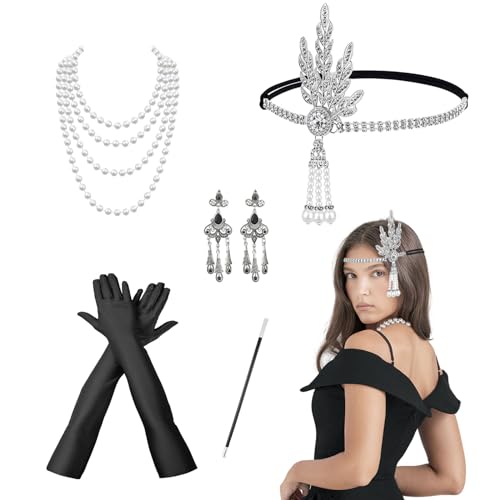XNIVUIS 5 Stück 20er Jahre Accessoires, 1920er Jahre Zubehör Set, 1920s Kostüm Damen Flapper Accessoires Set, Great Gatsby Party Kostüme, Lange Handschuhe Künstliche Perlenkette Ohrringe von XNIVUIS