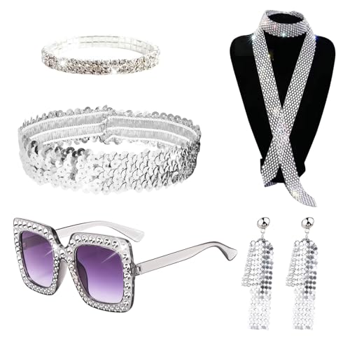 XNIVUIS 5 Stück 70er Jahre Disco Zubehör Disco Accessoires mit Pailletten Schal Ohrringen dickem Rahmen Sonnenbrille Armband und Stirnband für Damen 70er Jahre Glitzer Disco Kostüm (Silber) von XNIVUIS