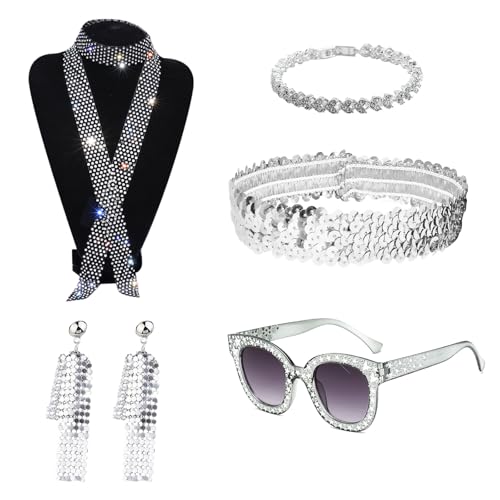 XNIVUIS 5 Stück 70s Disco Accessories Costume,Disco Outfit Accessoires,Paillettenschal Halskette Bling Sonnenbrille Ohr Accessoires Stirnband Armband,für Damen 70er Jahre Glitzer Disco Kostüm(5 PCS) von XNIVUIS