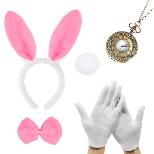 XNIVUIS 5 Stück Hasenkostüm Set für Erwachsene Kinder Hasen Kostümzubehör Hasenohren Stirnband Fliege Handschuhe Hasenschwanz Uhr für Welttag des Buches Karneval Halloween Kostümparty (Rosa) von XNIVUIS