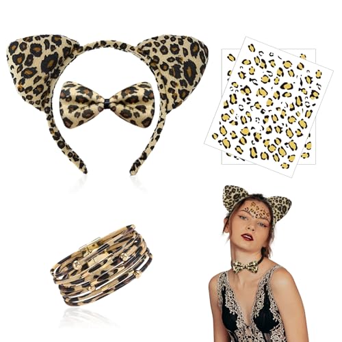 XNIVUIS 5 Stück Leoparden Kostüm Set,Leopard Gesicht Kunst Aufkleber Ohren Haarreif Fliege Armband,Leoparden Ohren für Kinder für Dschungelparty Kostüm Party Dekoration Zubehör(5 Stück) von XNIVUIS