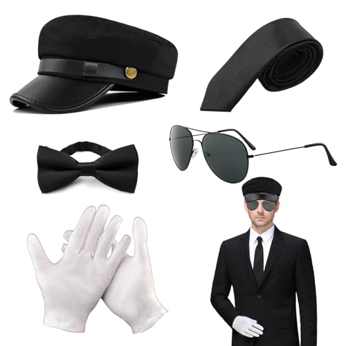 XNIVUIS 5 Stücke Chauffeur Kostüm Zubehör Neuheit Fahrer Kostüm Schwarzer Hut Sonnenbrille Fliege Handschuhe 1980er Gangster Biker Kostüm Zubehör für Cosplay Mottoparty (schwarz, 58) von XNIVUIS