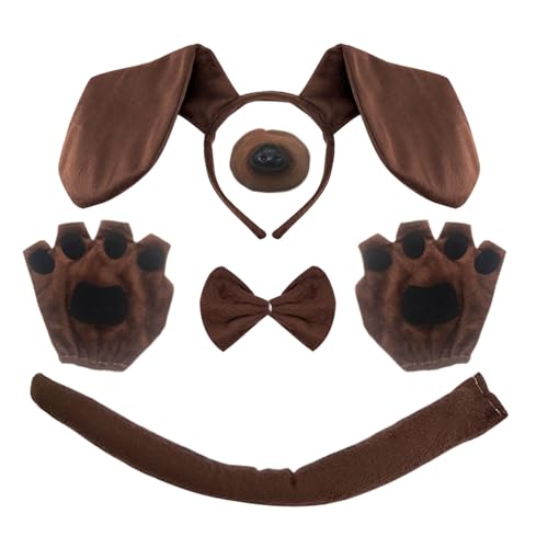 XNIVUIS 5 Stücke Tier Welpen Hund Kostüm Set,Verkleidungen & kostüme für Hunde,Welpen Hund Stirnband Ohren, Fliege, Schwanz,Fliege,Nase,für Erwachsene Kinder Party Dekoration Zubehör(Braun) von XNIVUIS