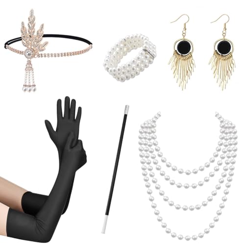 XNIVUIS 6 Teiliges 1920s Kostüm Zubehör Set, 20er Jahre Accessoires Damen, Flapper Great Gatsby Fancy Dress ​Accessoires, 20er Jahren Zubehör Set für Karneval, Roaring 20's Theme Party (Set 1) von XNIVUIS