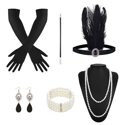 XNIVUIS 6 Teiliges 1920s Kostüm Zubehör Set, 20er Jahre Accessoires Damen, Flapper Great Gatsby Fancy Dress ​Accessoires, 20er Jahren Zubehör Set für Karneval, Roaring 20's Theme Party (Set 2) von XNIVUIS