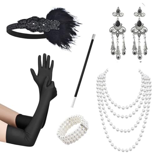 XNIVUIS 6 Teiliges 1920s Kostüm Zubehör für Damen, Flapper Great Gatsby Fancy Dress ​Accessoires, Charleston Accessoires Damen, 20er Jahren Zubehör Set für Karneval, 20's Theme Party von XNIVUIS