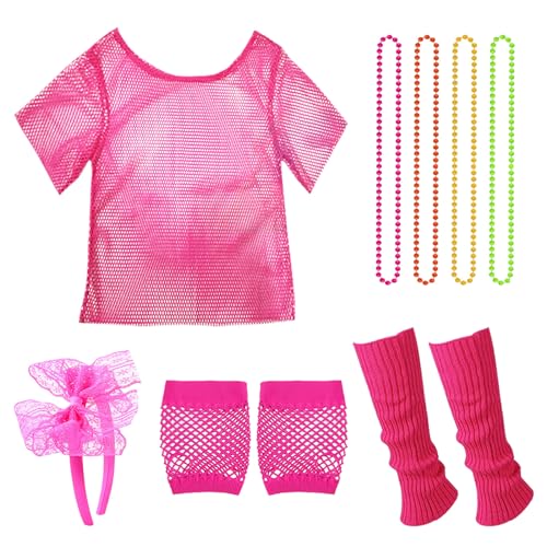 XNIVUIS 80er Jahre Outfit Damen, 90er jahre Accessoires, 80er 90er Jahre outfit damen, 80er Jahre Kleidung Damen Set, Netzshirt, 90 Jahre Neon Party Outfit Mottoparty Accessoires Karneval (8 Pcs) von XNIVUIS
