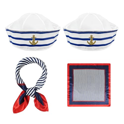 XNIVUIS Captain Matrosen-Kostüm-Set, gestreift, Matrosenmütze und Schal, Yachtkapitän-Mütze, Seemannskappe, Einheitsgröße, marineblaues Outfit, Verkleidungsparty für Damen und Herren, Kostümzubehör von XNIVUIS