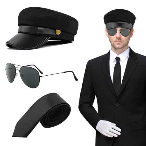 XNIVUIS Chauffeur-Kostüm-Zubehör, Fahrerkostüm, schwarzer Hut, Sonnenbrille, Fliege, Handschuhe, 1980er-Jahre, Gangster-Biker-Kostüm, Zubehör für Cosplay, Mottoparty (schwarz), 3 Stück von XNIVUIS