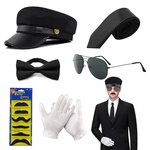 XNIVUIS Chauffeur-Kostüm-Zubehör, Neuheit, Fahrerkostüm, schwarzer Hut, Sonnenbrille, Fliege, Handschuhe, falscher Bart der 1980er Jahre, Gangster-Biker-Kostüm, Zubehör für Cosplay, Mottoparty von XNIVUIS