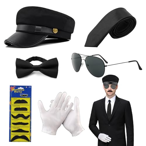 XNIVUIS Chauffeur-Kostüm-Zubehör, Neuheit, Fahrerkostüm, schwarzer Hut, Sonnenbrille, Fliege, Handschuhe, gefälschter Bart der 1980er Jahre, Gangster-Biker-Kostüm, Zubehör für Cosplay, Mottoparty XNIVUIS Chauffeur-Kostüm-Zubehör, Neuheit, Fahrerkostüm, schwarzer Hut, Sonnenbrille, Fliege, Handschuhe, gefälschter Bart der 1980er Jahre, Gangster-Biker-Kostüm, Zubehör für Cosplay, Mottoparty von XNIVUIS