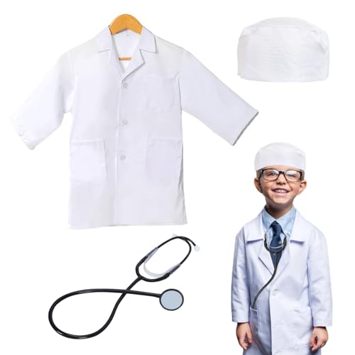 XNIVUIS Kinder-Wissenschaftler-Kostüm Forscher-Kostüm, Kinder-Arzt-Kostüm, Kinder-Wissenschaftler-Laborkittel mit Hut und Stethoskop, Wissenschaftler-Arzt-Rollenspielset für Jungen und Mäd (weiß) von XNIVUIS