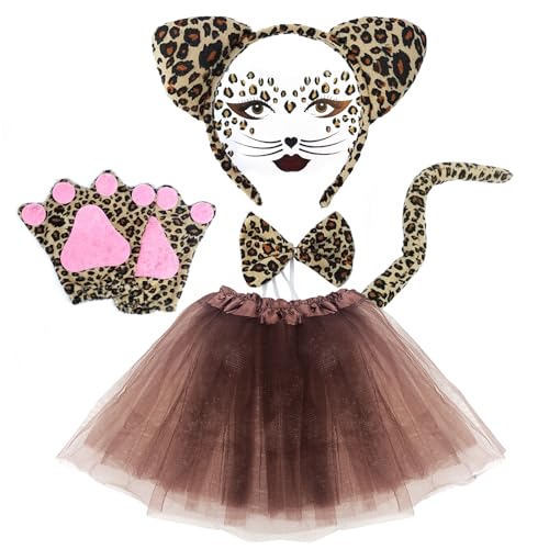 XNIVUIS Leopard Kostüm Set,Leopard Gesicht Kunst Aufkleber,Leopard Haarreif Fliege Schwanz Pfoten Handschuhe Rock Set,Katzen Kostüm für Mädchen Karneval Party Halloween Kostüm(Braun) von XNIVUIS