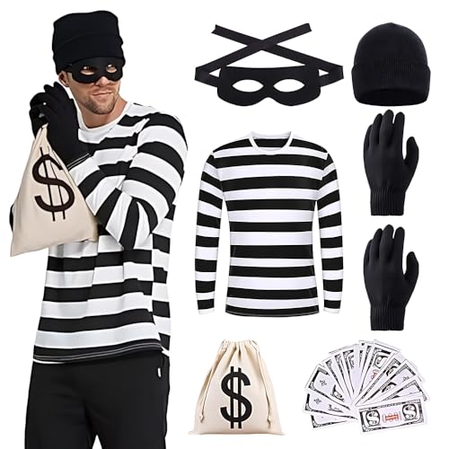 Bankräuber Kostüm Herren, Dieb Kostüm Set für Erwachsener, Einbrecher Kostüme mit T-Shirt, Hut, Handschuhe, Augenmaske Geldbeutel, Banknote, Fasching Kostüme Erwachsene, Faschingskostüme Männer(XL) von XPJBKC