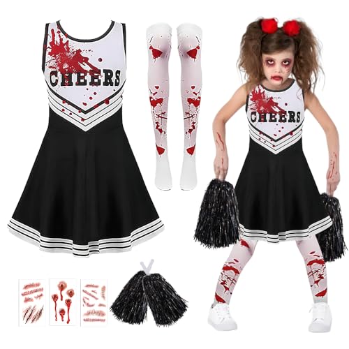 Cheerleader Kostüm Kinder, Cheerleader Kostüm Halloween für Körpergröße 130cm, Zombie CHeerleader-KostüM Kinder Mit Strümpfen, Pompons, Aufkleber mit Kunstblut, Faschingskostüme Kids für Mädchen Cheerleader Kostüm Kinder, Cheerleader Kostüm Halloween für Körpergröße 130cm, Zombie CHeerleader-KostüM Kinder Mit Strümpfen, Pompons, Aufkleber mit Kunstblut, Faschingskostüme Kids für Mädchen von XPJBKC