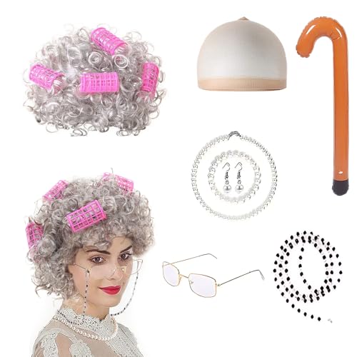Old Lady Fancy Dress Set, 15 Pcs Old Lady Costume with Granny Wig and Glasses Wig Cap Curling Iron Pearl Earring Bracelet Necklace Inflatable Walking Stick Granny Costume for Carnival Halloween von XPJBKC