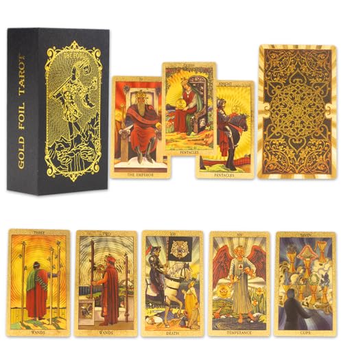 XPJBKC 78+2 Teiliges Goldfolien Tarotkarten Deck, Golden Tarot Cards mit Seitigem ReisefüHrer, PVC Tarot Karten, Wasserdicht & Faltenfrei, für AnfäNger (Gold) von XPJBKC