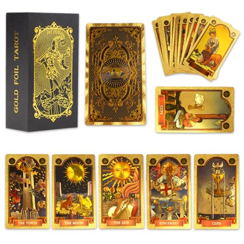XPJBKC 78+2 Teiliges tarotkarten mit Buch für Anfänger, Goldenes Auge Tarotkarten Deck mit Seitigem ReisefüHrer, PVC Tarot Karten, Wasserdicht & Faltenfrei Tarot Cards (Gold) von XPJBKC