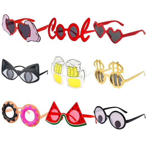 XPJBKC Party Brillen Lustige Sonnenbrille, 9 Paar Neuheit Partybrillen Set, Party Sonnenbrille, Hawaii Brille Party Accessoires für Kinder Erwachsene Kostüm Party Strand Dekoration, Foto Requisiten von XPJBKC