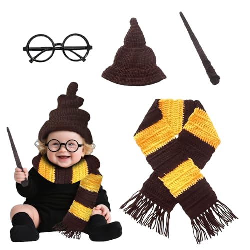 XPJBKC Baby Fotoshooting, 4 PCS Neugeborene Fotografie Requisiten Set, Baby Foto Requisiten mit niedlich Halloween Zauberer Hut Schal Zauberstab Brille Rahmen Häkeln von XPJBKC