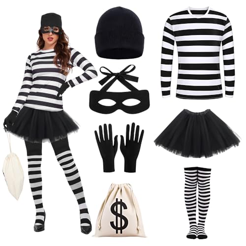 XPJBKC Bankräuber Kostüm Damen, 7PCS Räuber Kostüm Set, Dieb Kostüm mit T-Shirt, Kurzer Rock, Kniestrümpfe, Strickmütze, Maske, Handschuhe, Geldbeutel, Faschingskostüme Damen für Halloween Cosplay von XPJBKC