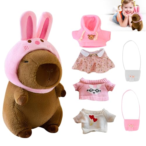 XPJBKC Capybara Plüschtier, 8 in 1 Capybara Kuscheltier, Niedliche Capybara Plushie mit Kleidung, Hüte, Taschen, Tägliches Ankleiden Baby Capybara, Geburtstag für Jungen Mädchen (28cm) von XPJBKC
