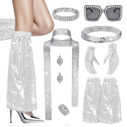 XPJBKC Disco Accessoires Damen, 8 Stück Discokugel Kostüm Accessoires mit Pailletten Schal, Sonnenbrille, Ohrringe, Armband, Stirnband, Beinstulpen, Gürtel, Gloves, Disco Outfit Damen 70er Glitzer von XPJBKC