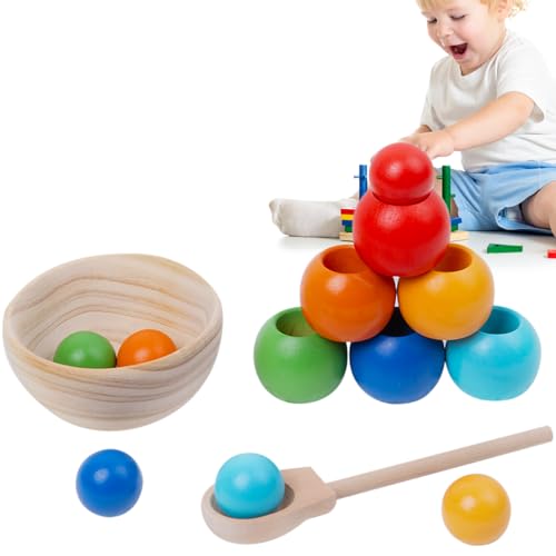 XPJBKC Farben Sortieren, Montessori Sortierspiel Spielzeug ab 1 Jahr,Stapelsteine Spielzeug,Regenbogen Holzkugeln in Tassen mit 6 Bälle,Lernspielzeug für Farbsortierung Zählen,Geschenk ab 2 3 4 5 Jahr von XPJBKC