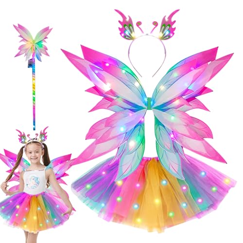 XPJBKC Feen Kostüm Kinder, Feenkostüm Mädchen, Feenflügel Kinder, Kostüm Fee Kinder, Leuchtende Feenkostüm mit Led Schmetterlingsflügel Tüllrock Haarreif Zauberstab für Karneval Cosplay Geburtstag von XPJBKC