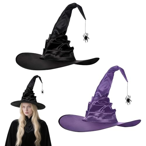 XPJBKC Hexenhut mit Spinne, 2 Stück magischer Zaubererhut, Plissee Spitzhut mit herunterhängender Spinne, Halloween Hexenhut Kinder, für Kostüm Halloween Party Dekoration von XPJBKC