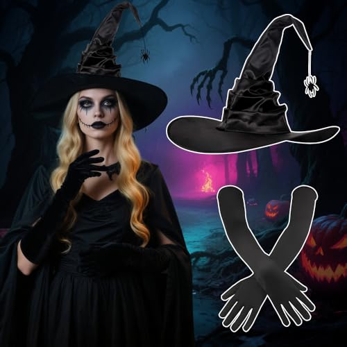 XPJBKC Hexenhut mit Spinne, Magischer Zaubererhut + Lange Handschuhe, Plissee Spitzhut mit herunterhängender Spinne & 45cm Stretchhandschuhe, Halloween Hexenhut Kinder, für Kostüm Halloween Party von XPJBKC