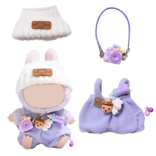 XPJBKC Puppen Kleidung, 3 Stück Set Puppenkleidung für Labubu Kleidung, Bekleidung für Labubu mit Mütze, Lila Latzhose, Kamera für 15/17 cm Puppe für Kindergeschenke (Ohne Puppe) von XPJBKC
