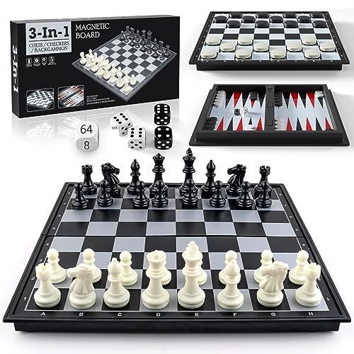 XQW Schach Dame Backgammon Spiel,3 IN 1 Chess Board Games Set,32x32CM Schachbrett Klappbrett Reisespiele,Stratego Magnetisches Schachspiel Brettspiel für Kinder ab 6 und Erwachsene von XQW