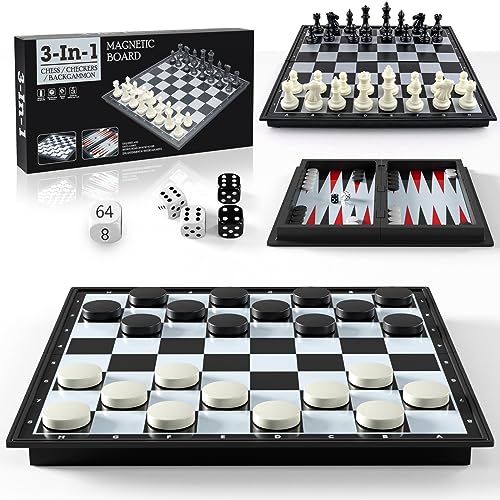 XQW Magnetisches Schachspiel Dame Backgammon Spiel 3 IN 1 Chess Board Games Set,25x25CM Schachbrett Klappbrett Reisespiele,Stratego Brettspiel Schach für Kinder ab 6 und Erwachsene von XQW