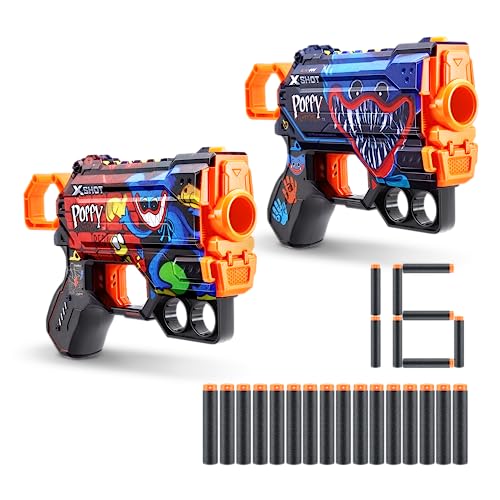 X-Shot Skins Blaster Menace mit Poppy Playtime mit 16 Darts 2er Pack (Jumpscare & Kissy) von ZURU von XShot