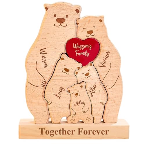 XSTZR Personalisiertes Holz liebenswürdiges Bären-Puzzle - anpassbar mit 2-6 Namen Bären Familien-Puzzle, Home-Deco-Geschenke Einzigartige Weihnachten, Halloween-Hölzer-Deco-Tier (süßer Bär.) von XSTZR
