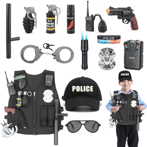 XSYKJGS Polizei Kostüm Kinder, 15 Stück Deluxe Polizei Kostüm Zubehör, Polizeikostüm Ausrüstung inklusive Polizei Mütze Handschellen Weste Walkie Talkie für Jungen Mädchen Halloween Karneval von XSYKJGS