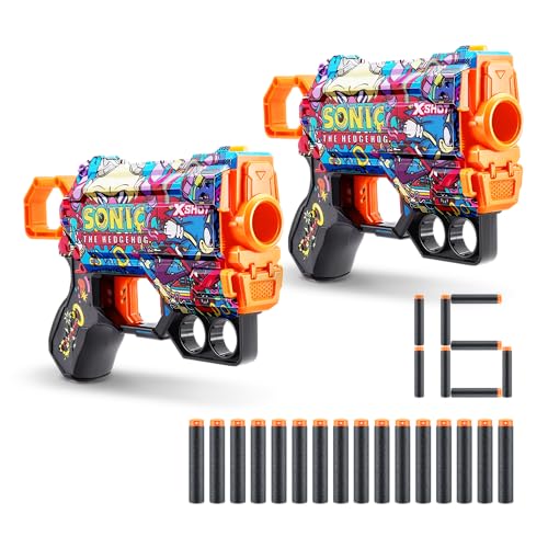 XSHOT Skins Menace Blaster Sonic Robotnik, Sonic The Hedgehog Design with 16 Darts, Easy Reload, Air Pocket Dart Technology, Toy Foam Blaster for Kids, Teens and Adults (2 Blasters, 16 Darts) von XShot
