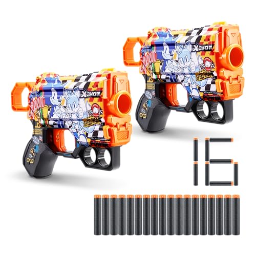 XSHOT Skins Menace Blaster Sonic Super Speed, Sonic The Hedgehog Design with 16 Darts, Easy Reload, Air Pocket Dart Technology, Toy Foam Blaster for Kids, Teens and Adults (2 Blasters, 16 Darts) von XShot
