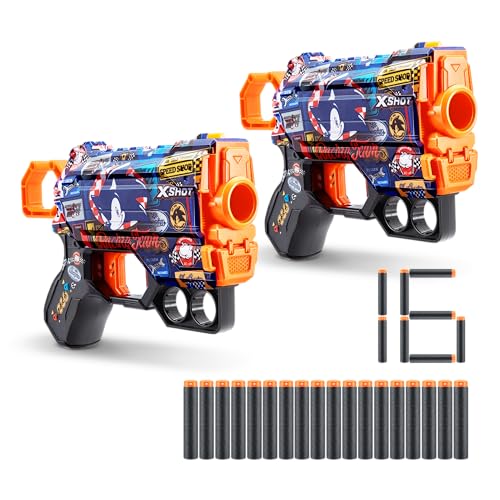 XSHOT Skins Menace Blaster Sonic Race Team, Sonic The Hedgehog Design with 16 Darts, Easy Reload, Air Pocket Dart Technology, Toy Foam Blaster for Kids, Teens and Adults (2 Blasters, 16 Darts) von XShot