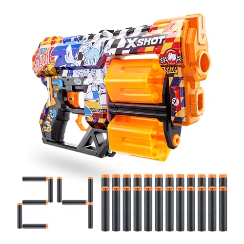 XSHOT Skins Dread Blaster Sonic Super Speed, Sonic The Hedgehog Design with 24 Darts, Double Rotating Barrels, Air Pocket Dart Technology, Toy Foam Blaster for Kids, Teens and Adults (24 Darts) von XShot